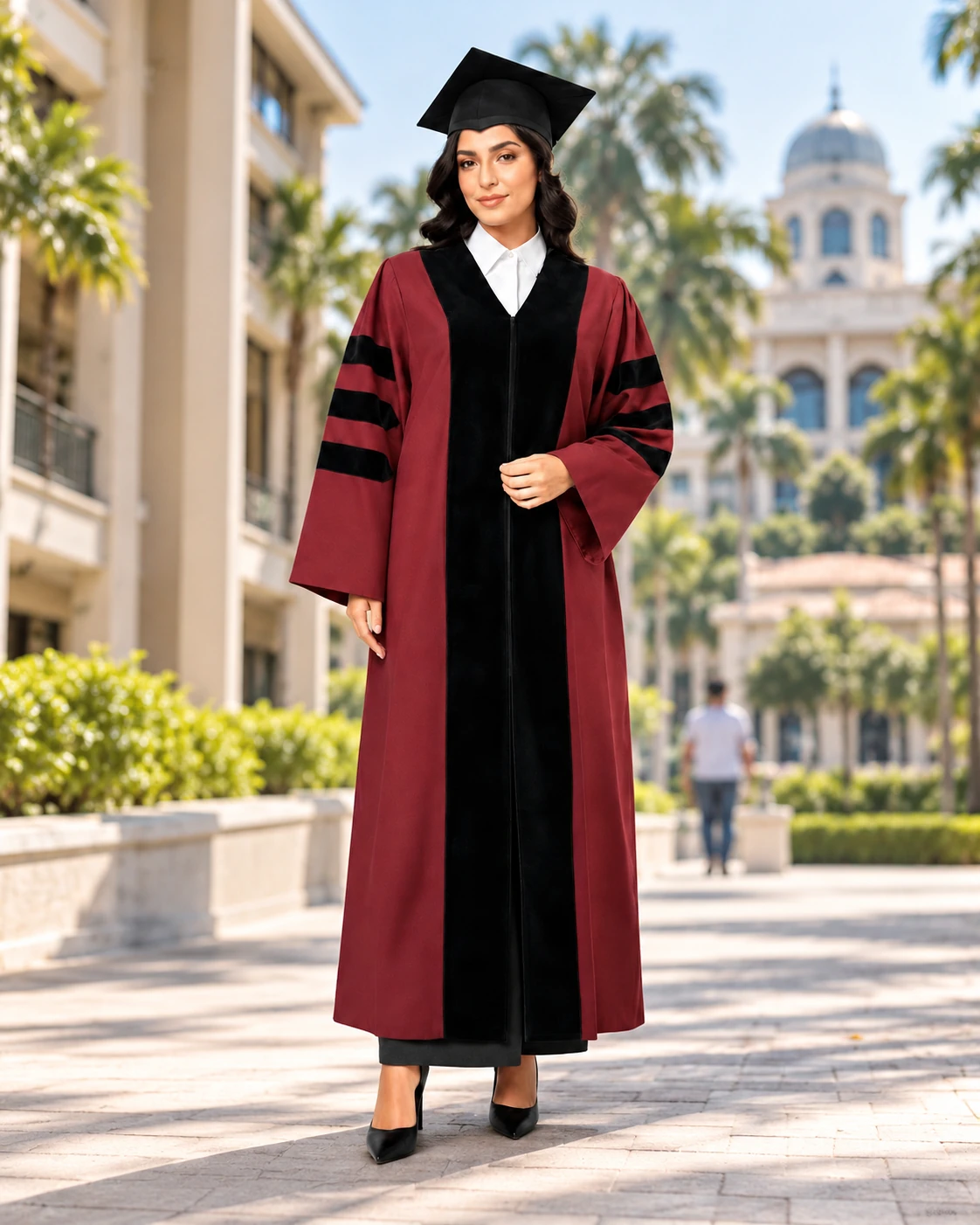 Smiling graduate in cap and gown in front of a university building